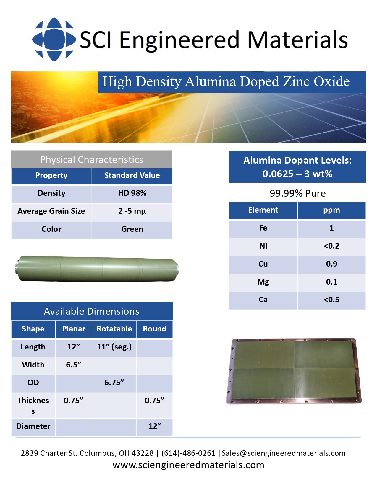 Alumina Doped Zinc Oxide Data Sheet