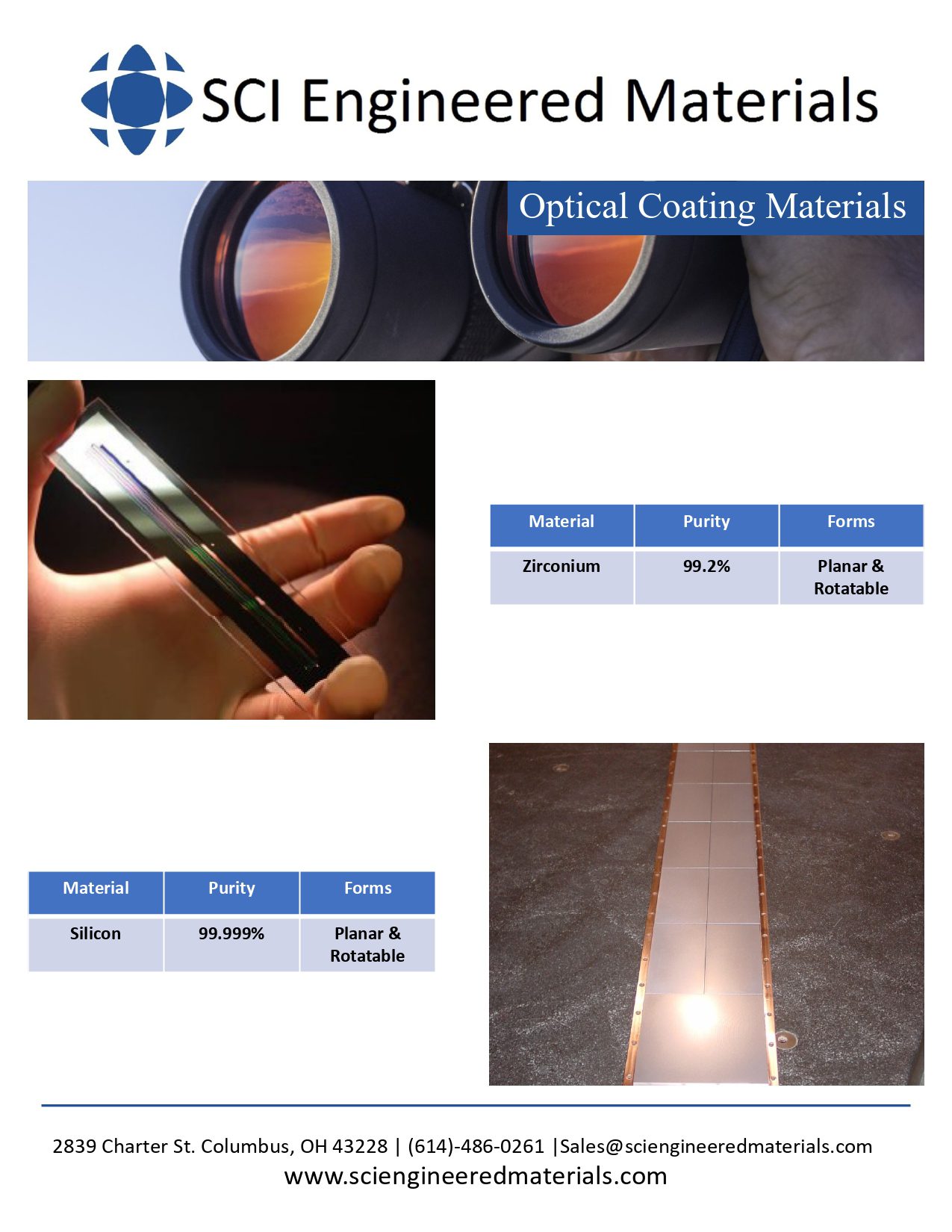 Optical Coating Materials Data Sheet